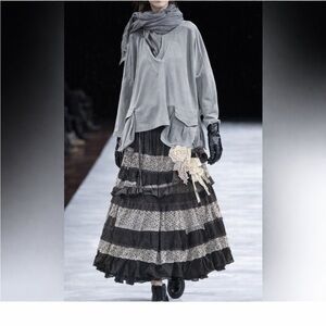 Hand Crafted Gray Tiered Boho Maxi Skirt with Lace Flowers